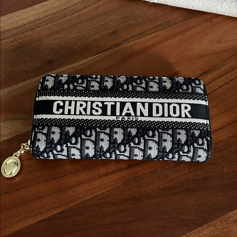 Dior Black and White Christian Dior Logo Zip Wallet